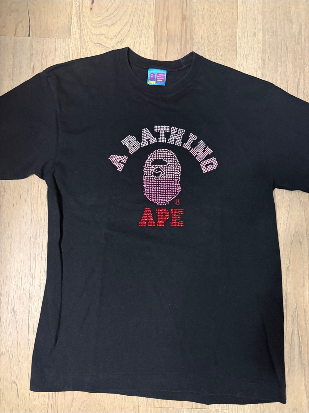 Bape Black Tee with Pink & Red Rhinestone Logo